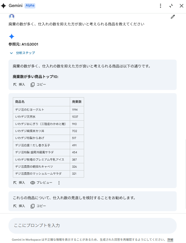 Geminiへのプロンプト(廃棄数集計)