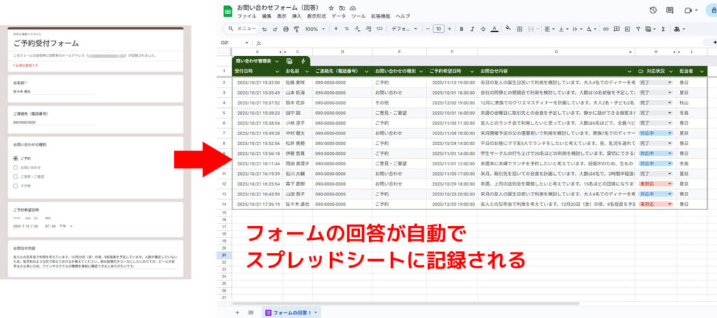 Googleフォーム自動化_Googleスプレッドシートに回答が記録される